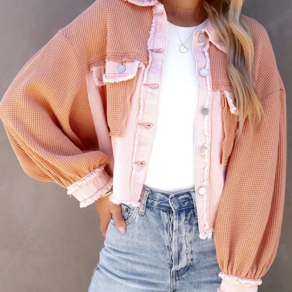 Vici Monica Cotton Waffle Knit Frayed Shacket • Pink Orange Combo - Picture 11 of 11